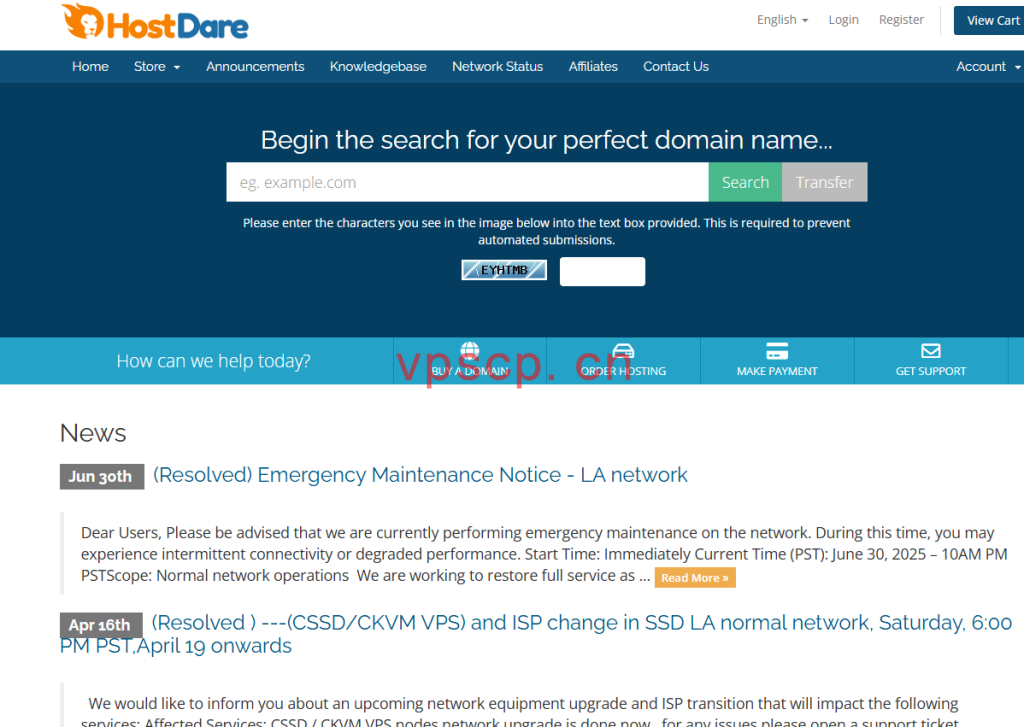 hostdare：洛杉矶VPS 4.5折优惠促销+多送一倍内存+多送一倍流量仅需$11.7/年