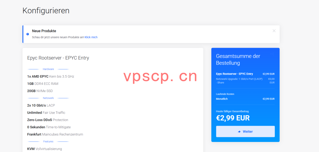 myPrepaid-Server:德国仅需€2.99/月/1核@AMD EPYC/1GB内存/20GB NVMe空间/不限流量/20Gbps端口/KVM