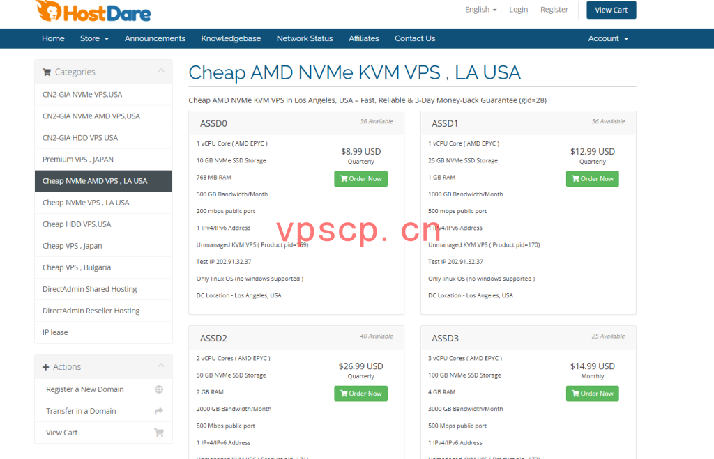 hostdare：洛杉矶VPS仅需$12.6/年，1.5G内存/1核/10gNVMe/1T流量