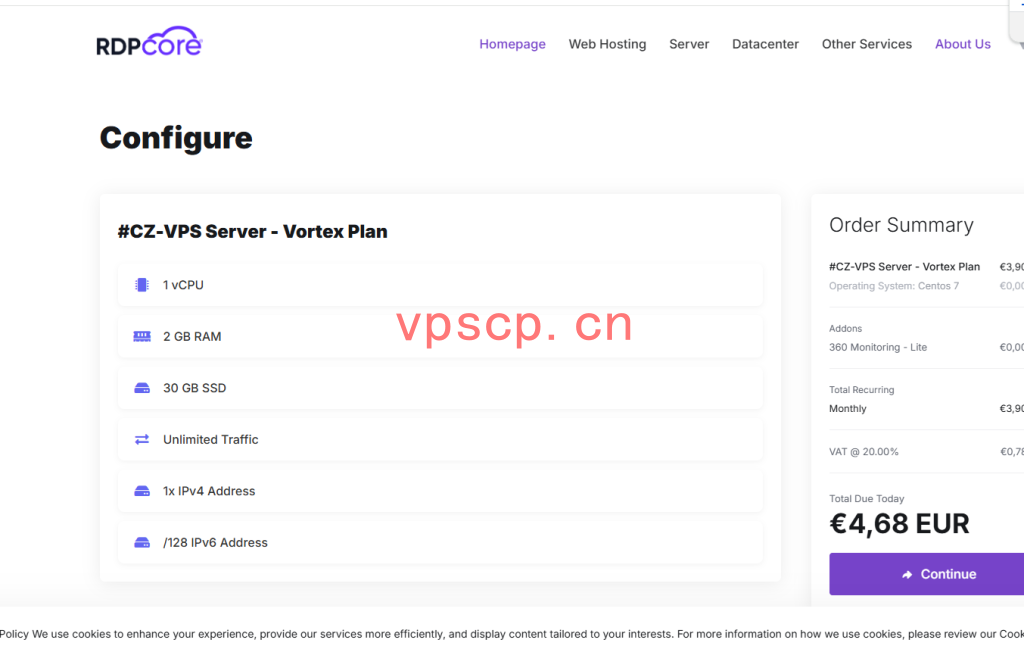 RDPCore : 捷克VPS仅需€3.9/月/1C2G30G硬盘/无限流量/1Gbps带宽