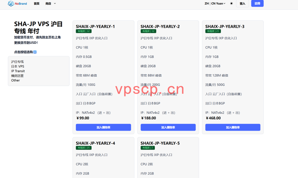 NoBrand Cloud：沪日专线仅需99元/年/512MB内存/20GB SSD空间/100GB流量/68Mbps-288Mbps端口/KVM/沪日专线IXP