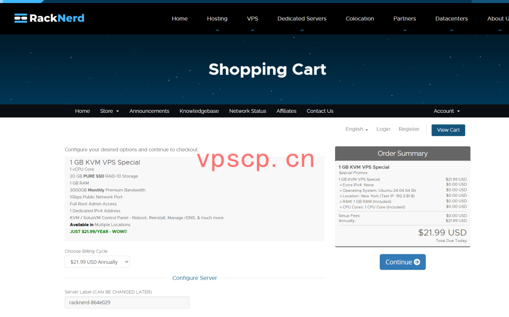 RackNerd：美国vps仅需$21.99/年/1GB内存/20GB SSD空间/3TB流量/1Gbps端口/KVM/洛杉矶/西雅图/芝加哥