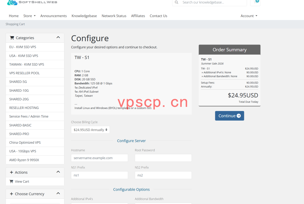 SoftShellWeb：美国vps仅需$24.95/年/1GB内存/20GB SSD空间/250GB流量/1Gbps端口/KVM/台湾/洛杉矶