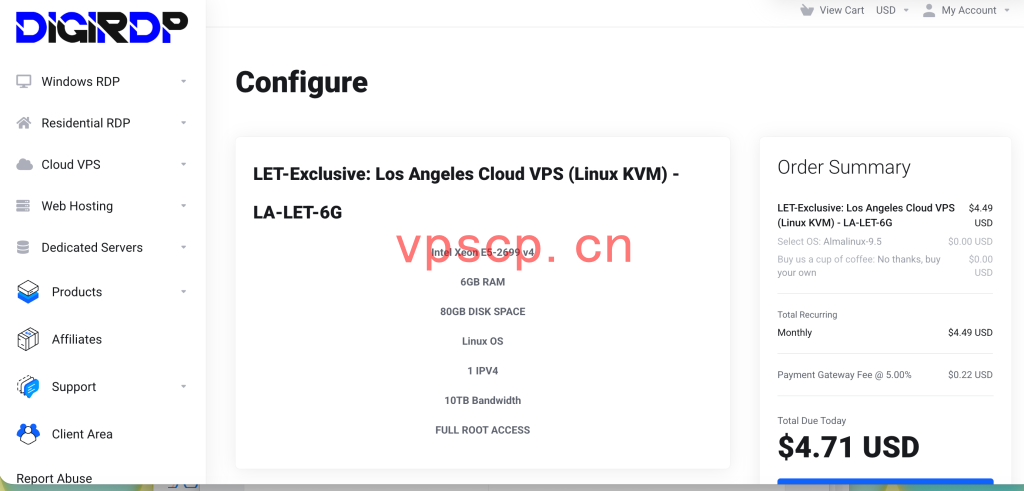 DigiRDP：美国vps仅需$4.49/月/3核/6GB内存/80GB SSD空间/10TB流量/1Gbps端口/KVM/洛杉矶