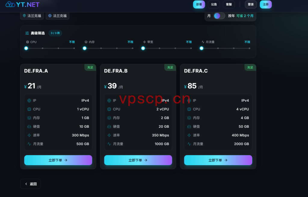 YT.NET:德国vps仅需18.9元/月/1GB内存/10GB SSD空间/500GB流量/300Mbps-400Mbps端口/KVM/德国9929