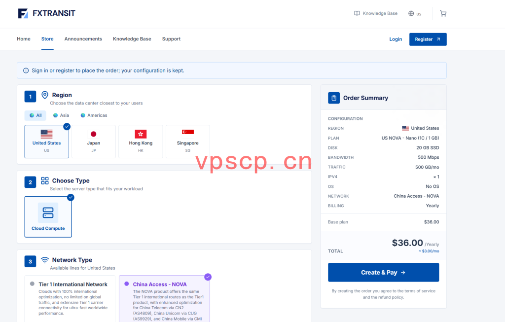 FxTransit：美国vps仅需$36/年/1GB内存/20GB SSD硬盘/500GB流量/500Mbps端口/KVM/洛杉矶CN2+9929+CMI